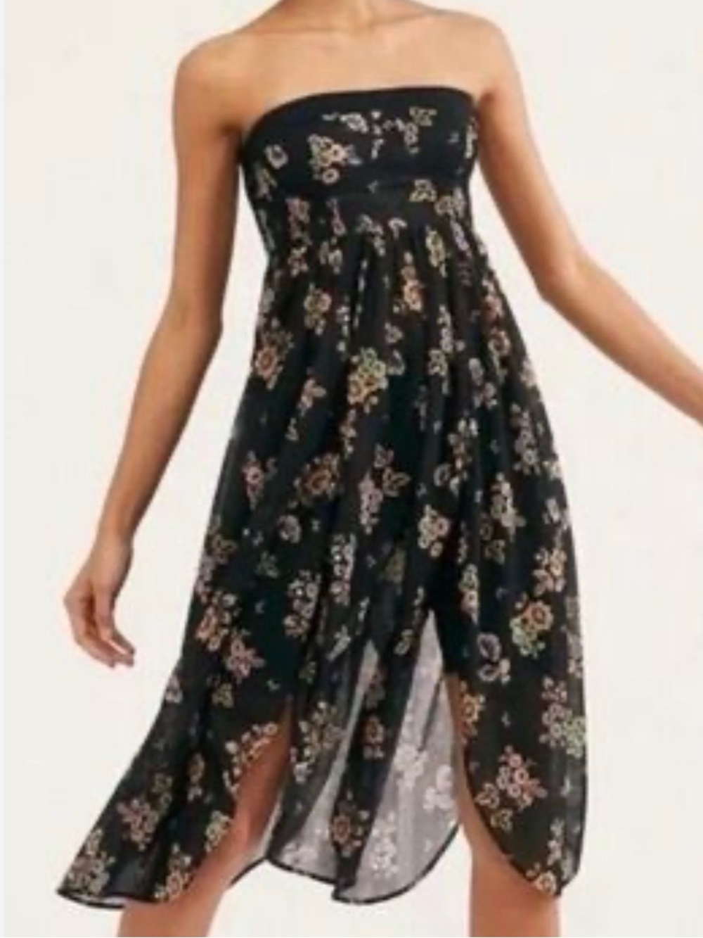 Free People Strapless Black Floral Midi Dress Tulip